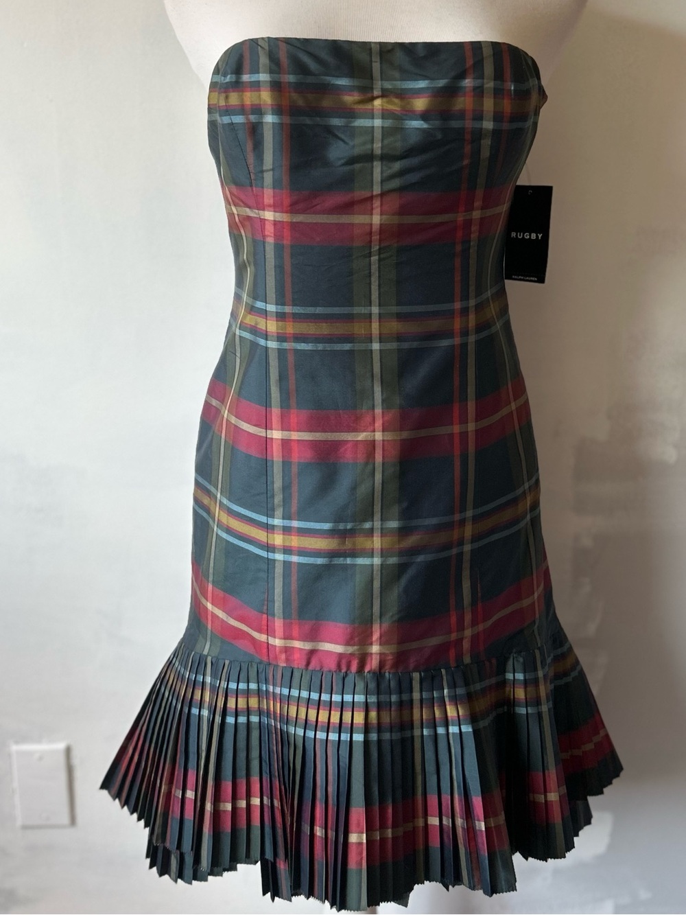 Rugby Ralph Lauren Silk Plaid Strapless Dress NWT Y2K Pleated Drop Waist Size 8
